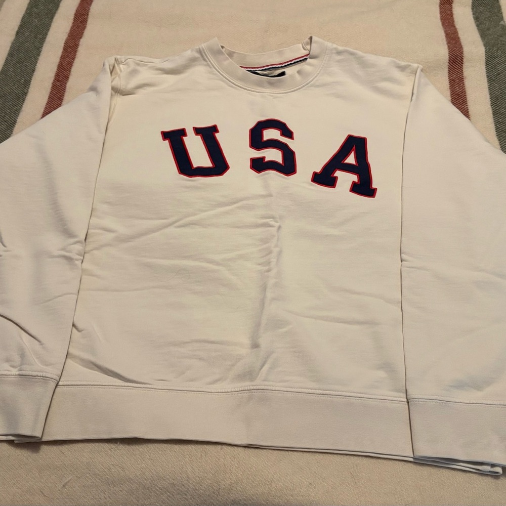 American Giant Cream Crewneck Sweater with embroidered USA Design